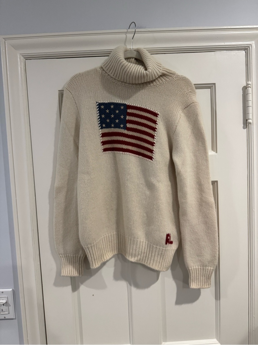 Ralph Lauren Purple Label Cream Turtleneck Sweater with Flag Motif